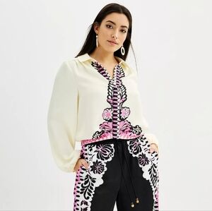 Ivory Floral Embroidered Collared Blouse - Pink & Black Accents